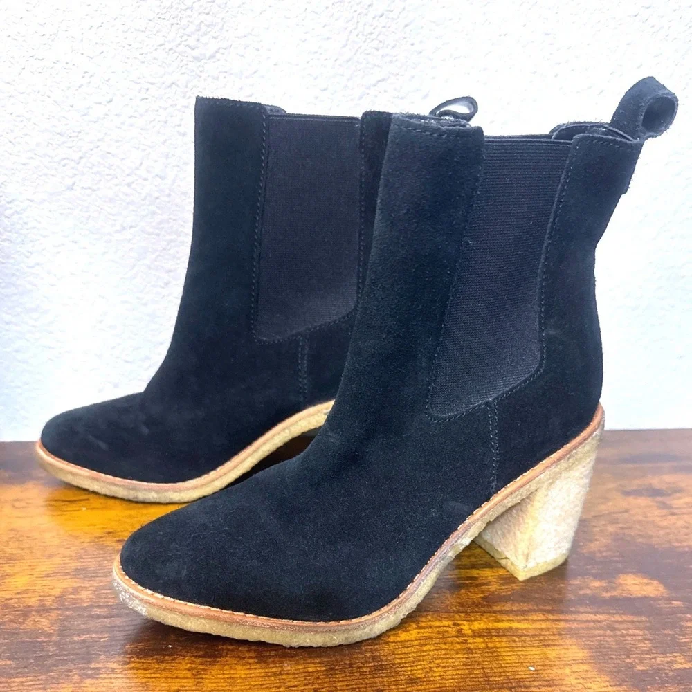 Lauren Ralph Lauren Marianna Leather Block Heel Suede Chelsea Boots Black Size 7